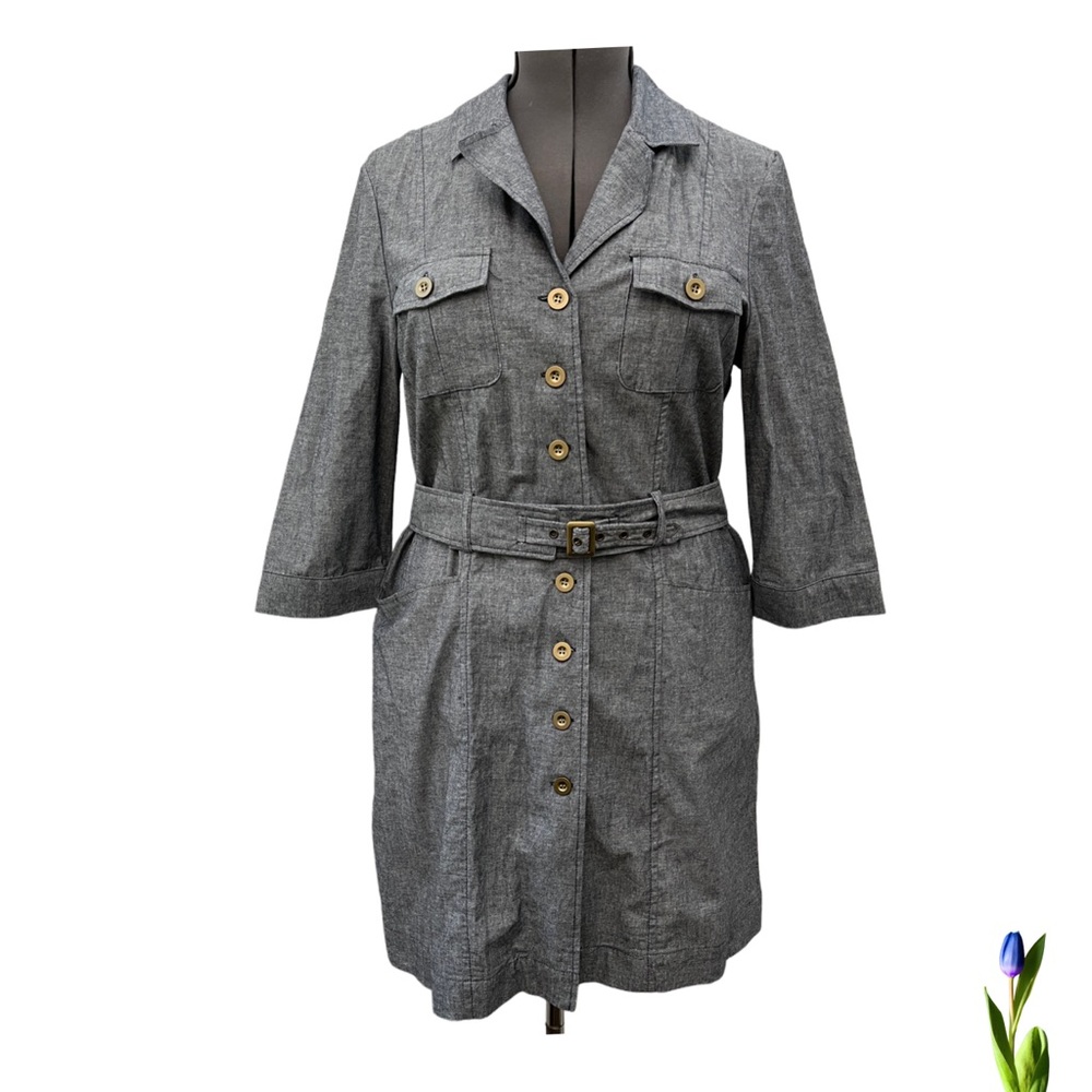 Classic Grey Button-Front Belted Shirt Dress